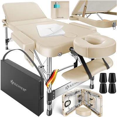 Produktbild von KESSER® Mobile Massageliege klappbar & höhenverstellbar 3 Zonen Massagebett Massagetisch Therapieliege Aluminium + 10x Gesichtsauflage mit Kopfstütze, 61 cm, Beige