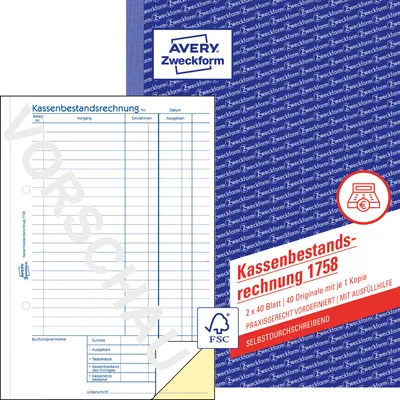 Produktbild von Avery Zweckform 1758, Kassenbestandsrechnung, A5, selbstdurchschreibend, 2x40 Blatt