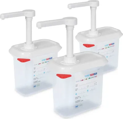 Produktbild von 3x Pumpspender für Saucen, 1,5 l, pro Hub 30 ml, mit Deckel, PP, 176x108x190 mm