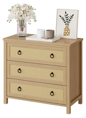 Produktbild von Kommode im Boho Stil - Kommode mit 3 Schubladen - Rattan mit Wiener Geflecht - Holz mit Metallgriffen - 80x40x74 cm - Khaki