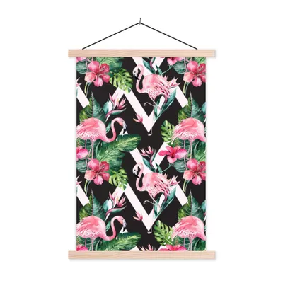Produktbild von MuchoWow® Textilposter Muster - Blumen - Flamingo 40x60 cm mit holzfarbenen Rahmen - Poster