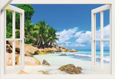 Produktbild von ARTland Wandbild, selbstklebend Küste mit Palmen durchs Fenster Größe: 130x90 cm