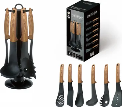 A collage of images showing a kitchen utensil set on a stand, its packaging, and individual utensils.