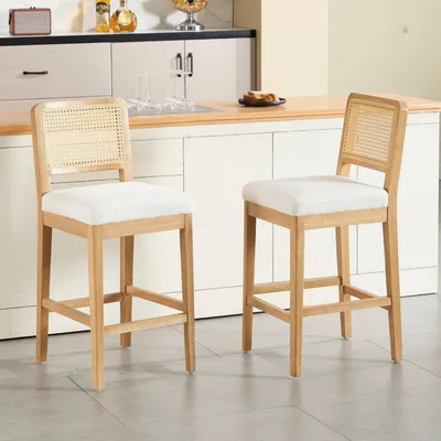 Productafbeelding van Barstoelen, set van 2, met rieten rugleuning en houten poten, kleur: wit