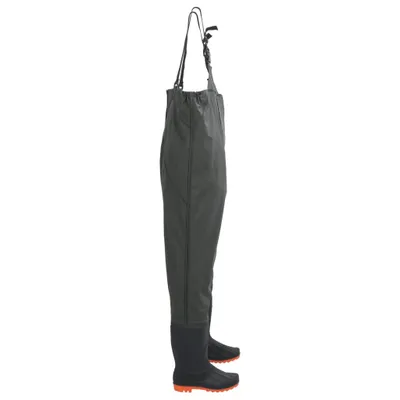 A pair of dark green waders with black boots and orange soles, shown from the side against a white background.