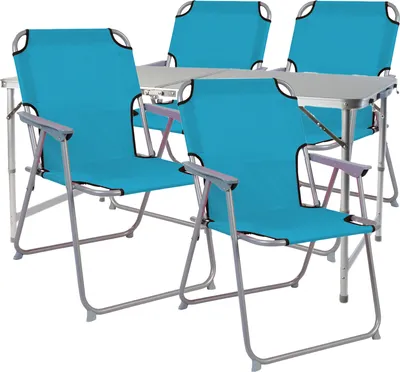 A set of camping chairs and a table.