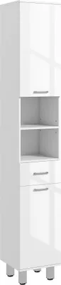 Zdjęcie produktu dla Szafka łazienkowa Kleankin Slim, wysoka szafka WC z szufladą w kolorze białym o wysokim połysku, regulowaną półką i 2 otwartymi przegrodami, do małych łazienek, 30 x 30 x 180 cm, biała