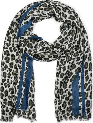 Produktbild von styleBREAKER Damen Schal mit Leo Muster und farbigem Streifen | Weiches Material mit Fransen | Animal Print Tuch in One Size