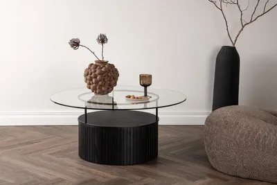 Produktbild von Couchtisch BOVALL Wohnzimmertisch ⌀90cm - Sofa Tisch schwarz mit Glasplatte