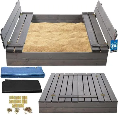 Imagen del producto de Caja de arena con tapa, 120 x 120 cm, caja de arena de madera, color gris