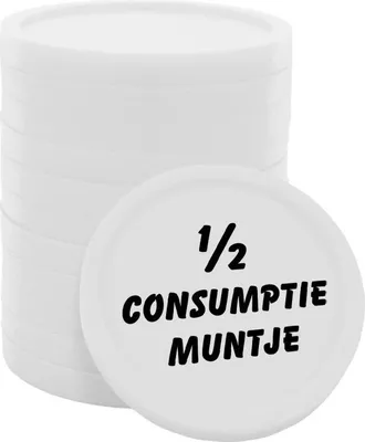 Produktbild von CombiCraft Bedruckte Kunststoff Wertmarken - Weiß mit Schwarzer Aufschrift '1/2 Consumptie Muntje' - Packung mit 100 Stück