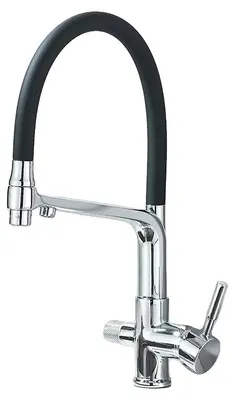 Imagen del producto de Grifo de cocina con filtro, diseño de doble salida, cuello de cisne giratorio de 360°, acabado en cromo