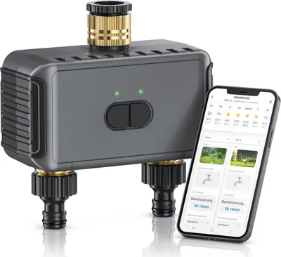 Produktbild von Bewässerungscomputer Smart WLAN mit 2 Ausgängen, App-Steuerung, Regenverzögerung, Alexa Google Assistant kompatibel, IPX5 Bewässerungstimer für Garten