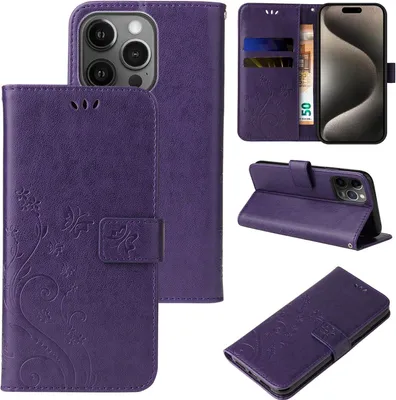 Produktbild von Handyhülle für Apple iPhone 15 Pro Floral Blumen Schmetterling Flip Cover Hülle Case Klapphülle Handytasche Farbe: Violett