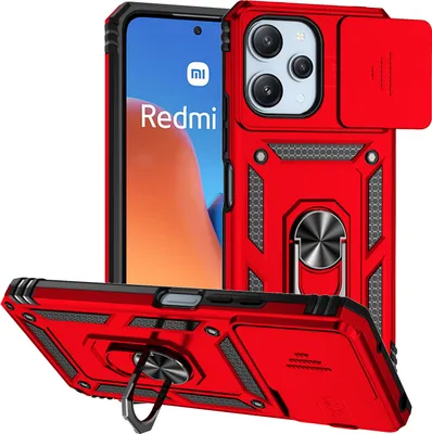 Produktbild von Pouzdro pro Xiaomi Poco M6 Pro 5G/Redmi 12/Redmi 12 5G dvouvrstvé pouzdro s posuvným krytem kamery a prstencovým stojánkem červené