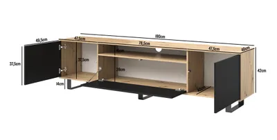 Produktbild von TV-Schrank 180 cm, Fernsehtisch, Lowboard, Mattschwarz, schwarze Metallfüße, Modernes Design, "Masimo"
