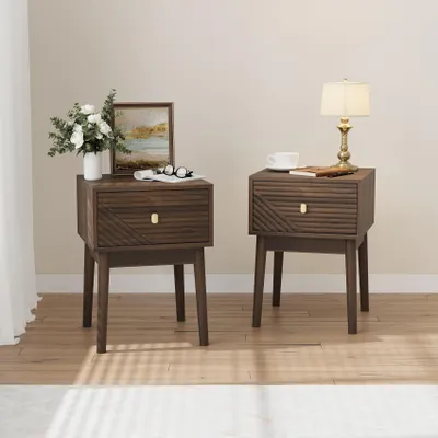 Image de Table de chevet en noyer de style Mid-Century Modern, table de chevet de chambre à coucher, table de chevet avec poignées en métal, 40 x 40 x 55 cm, lot de 2