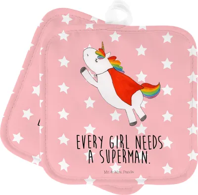 Produktbild von Mr. & Mrs. Panda Topflappen Einhorn Super - Rot Pastell - Geschenk, Ofenlappen, Topfuntersetzer, Kochlappen, Set, Freundin, Held, Superheld, Unicorn, topfhalter