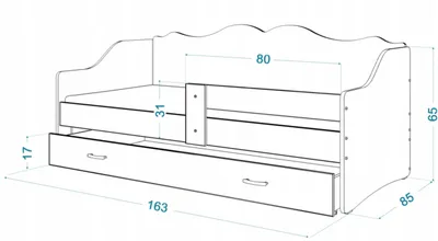A line drawing of a children's bed with dimensions indicated.