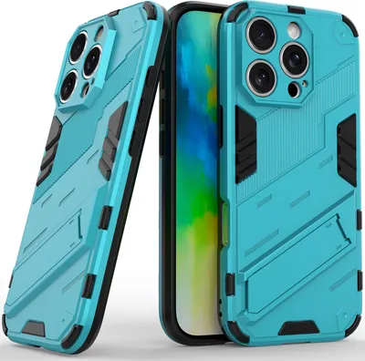 Produktbild von Armor Hülle für iPhone 16 Pro Hybrid PC TPU Bumper Stoßfestes Schutzhülle mit Standfunktion Blau