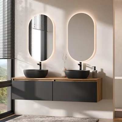Produktbild von Planetmöbel ARISA Doppelwaschtisch 160 cm in Schwarz mit 2 LED Spiegel und 2 schwarzen Keramik-Aufsatzwaschbecken 42 cm