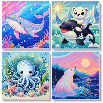 Image de Kit de peinture par numéros pour enfants, 4 tableaux avec cadre, thème : animaux, à partir de 4 ans, dimensions : 20x20 cm