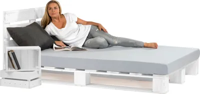 Produktbild von sunnypillow 180x200 cm Palettenbett mit Kopfteil Weiß Massivholzbett Bett aus Paletten Palettenmöbel Fichte europalette Weiss 80 90 100 120 140 160 180 200 220 240 x 200cm