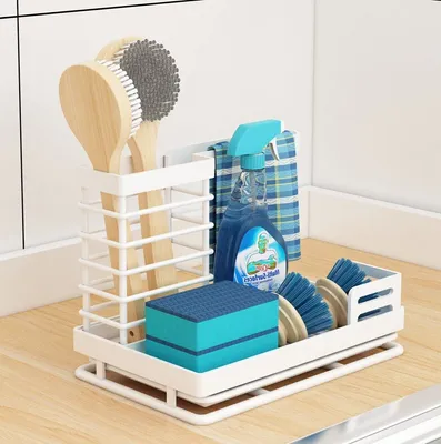 Image de Organisateur d'évier Caddy Organisateur d'évier en acier inoxydable Cuisine Organisateur de lavabo Organisateur d'évier avec cuvette de vidange pour cuisine Organisateur d'éponge, Blanc