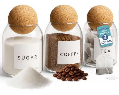 Immagine prodotto di Barattoli di vetro con tappi in sughero - Set da 3 pezzi da 500 ml per caffè, tè e zucchero