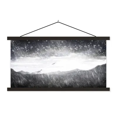 Produktbild von MuchoWow® Textilposter Dinosaurier - Schwarz - Weiß - Regen 90x45 cm mit schwarzem Rahmen - Klemmleisten