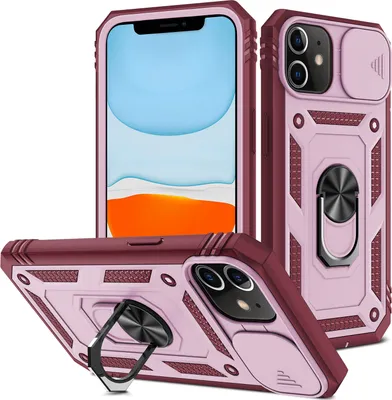 Produktbild von iPhone 11 Hülle, Schiebe Kamera Schutz Robust Rüstung Stoßfest Schutzhülle mit Ringhalterung Ständer Kartenhalter für iPhone 11 Orange