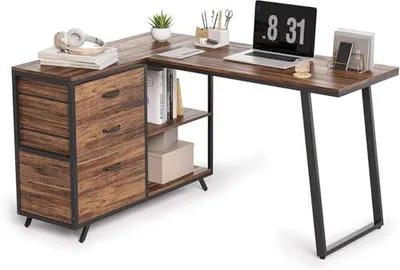 Produktbild von L-förmiger Schreibtisch mit 3 Schubladen, 53 Zoll
