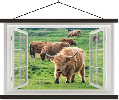 Produktbild von MuchoWow® Textilposter Ansicht - Gras - Schottisches Hochlandrind 90x60 cm mit schwarzem Rahmen - Aufhängungssatz