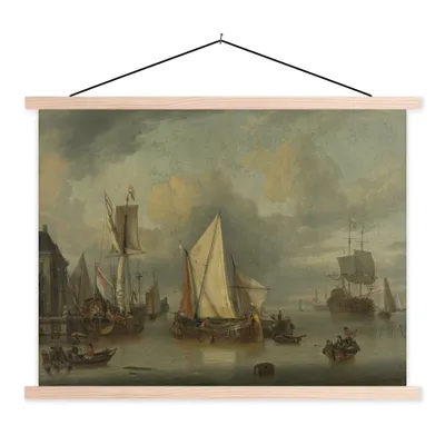 Produktbild von MuchoWow® Textilposter Schiffe im Hafen bei ruhigem Wetter - Gemälde von Jan Claesz. Rietschoof 150x113 cm mit holzfarbenen Rahmen - Poster