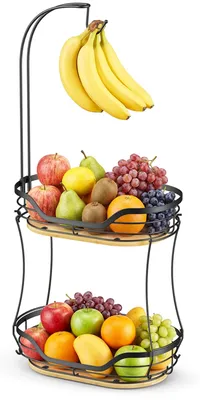 Obstständer mit Bananenhalter, 2 Etagen, Metall, Bambus, schwarz