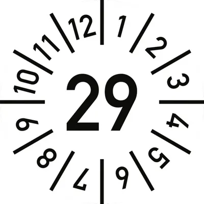 Produktbild von Dreifke® Prüfplakette Jahr 29 mit Monaten, weiß, Folie, Ø 25 mm, 10 Stück/Bogen