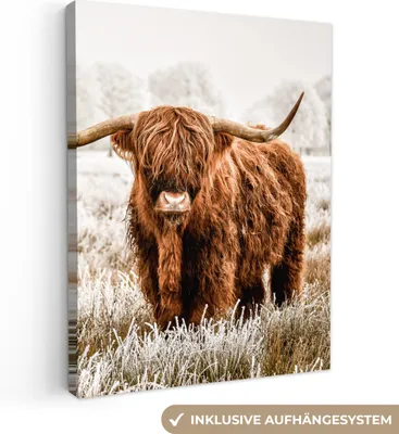 Produktbild von Wanddeko 30x40 cm - Schottisches Hochlandrind - Kuh - Natur - Winter, Deko Wohnzimmer, Leinwand Bilder