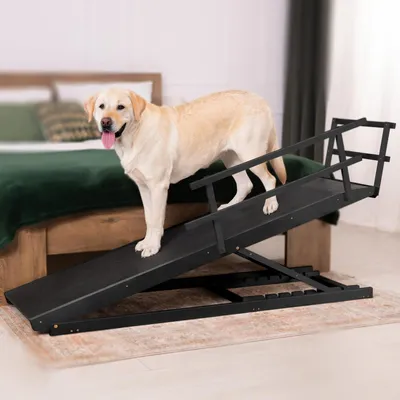 Produktbild von Hunderampe Bett mit Sicherheitsgeländer - Für Große Hunde bis zu 90 kg - Höhenverstellbare hundetreppe für Betten bis zu 94.5cm - Breite 49,5 cm - Klappbar - Anti-Rutsch-Griff - Birkenholz - Schwarz