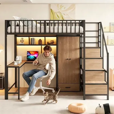 Obrázek produktu pro Postel patro 140 x 200 cm, kovová postel s pracovním stolem, policí, skříní a zásuvkami, palanda s úložným žebříkem, zásuvkou a LED osvětlením, bez matrace, černá barva