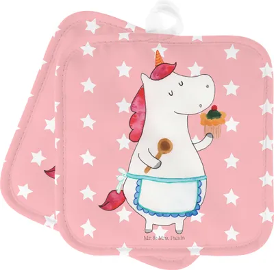 Produktbild von Mr. & Mrs. Panda Topfuntersetzer Einhorn Küche - Rot Pastell - Geschenk, Unicorn, topfhalter, Topflappenset, Kochlappen, Topflappen, Muffin, Kuchen, Torte, Set, Träumen