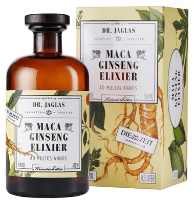 Produktbild von Dr. Jaglas Maca Ginseng-Elixier l DIE ZEIT Sonderedition | Kräuterlikör 35% Vol. - Bitter Schnaps aus Maca Extrakt | Kräuterbitter vegan als Aperitif oder für Longdrinks | 500ml Flasche aus Berlin