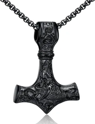 Produktbild von Wikinger Thors Hammer Halskette - Nordische Mythologie Mjolnir Wikinger Runen Edelstahl-Kette 70cm Silber/Gold/Schwarz