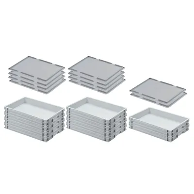 Produktbild von SuperSparSet 10x Eurobehälter mit geschlossenem Griff & Auflagedeckel | HxBxT 7,5x40x60cm | 15 Liter | Grau | Eurobox, Transportbox, Transportbehälter, Stapelbehälter