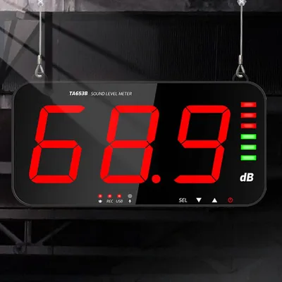 Imagen del producto de Medidor de nivel de sonido, pantalla de 13 pulgadas, visualización en tiempo real de decibelios, alarma, indicador de nivel, medidor de decibelios, múltiples puertos de refrigeración, diseño para colgar en la pared