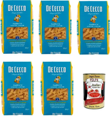 Produktbild von De Cecco Fusilli N°34, 100% Italienisch Pasta Nudeln 5x 500g + Italian Gourmet Polpa 400g