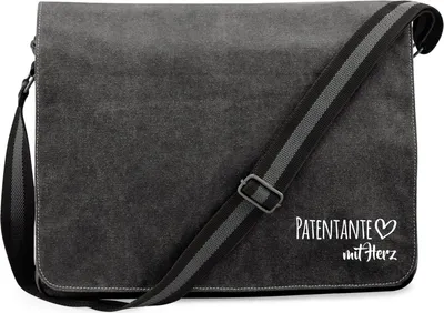 Produktbild von Huuraa Umhängetasche Patentante mit Herz 14 Liter Black Canvas Laptoptasche Geschenkidee