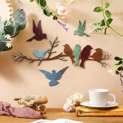 Produktbild von Ferraycle Metall-Vogelwandkunst, Vögel auf einem Ast, Wanddekoration, Blätter mit Vögeln, Metallskulptur, Vogelsilhouette