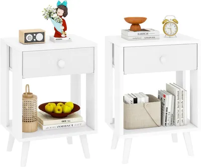 Produktbild von Nachttisch-Set - Beistelltische - Schlafzimmer-Aufbewahrung - Mit Schublade aus Stoff - 30x40x60 cm - Weiß