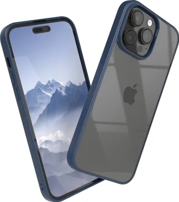 A product shot of an iPhone 14 Pro Max with a blue hybrid bumper case, showing both the front and back of the phone.