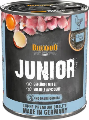 A can of dog food with an illustration of chicken and egg on the label.